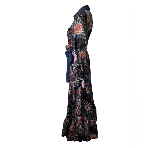 Eien Black Boho Hippie Eclectic Floral Geometric Puffer Long Sleeve Maxi Dress - Picture 4 of 7